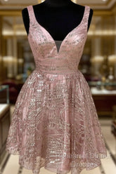 Shiny V Neck Short Champagne Semi Formal Prom Dresses, Short V Neck Champagne Graduation Formal Dresses